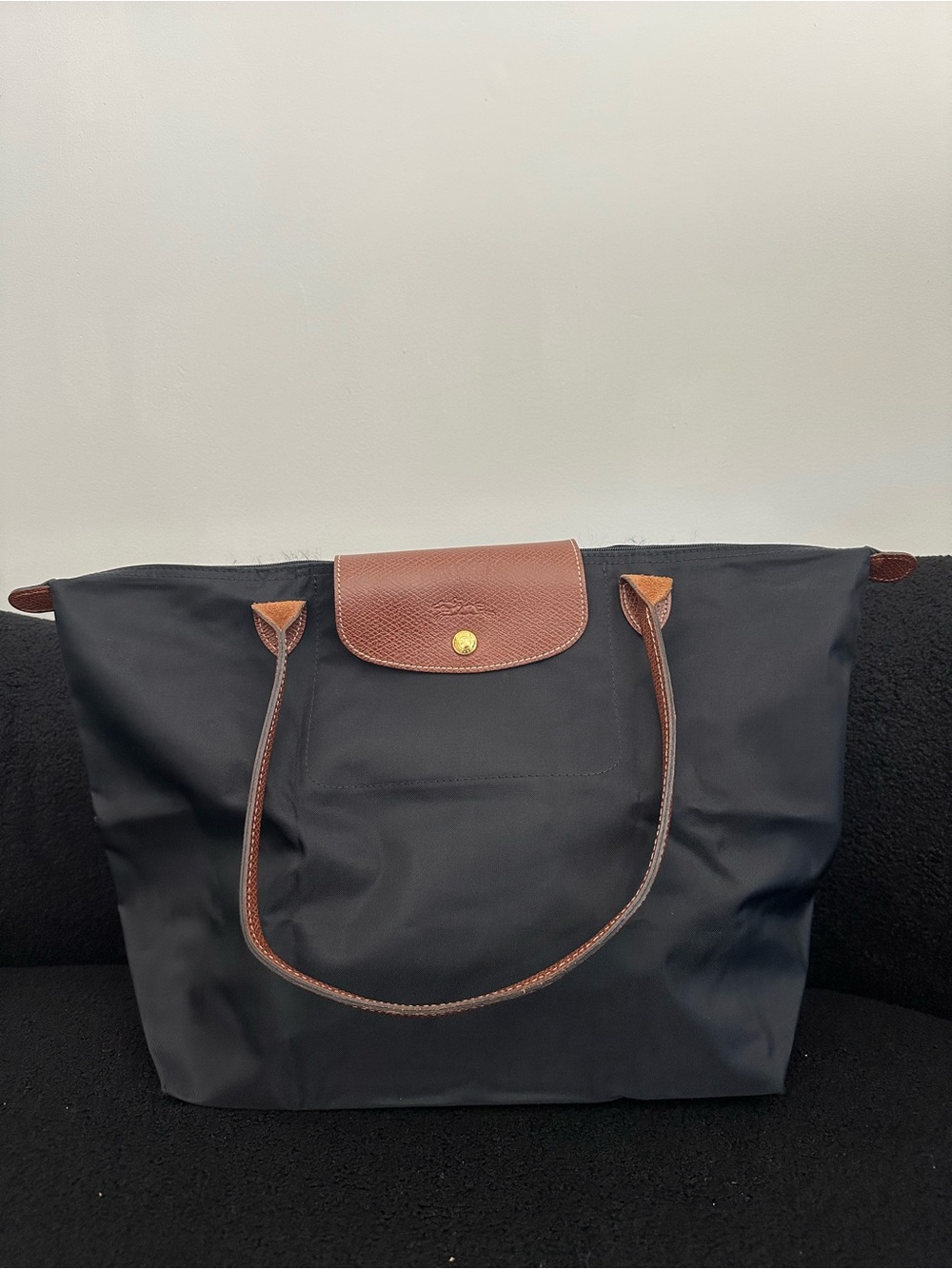 Longchamp Le Pliage Medium Tote Bag in Black with Brown Trim